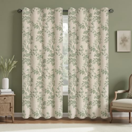 Sage Green Boho Floral 100% Blackout Curtains 90 Inch 2 Panels - color: Sage Green, size: 52"W x 90"L (Pack of 2)