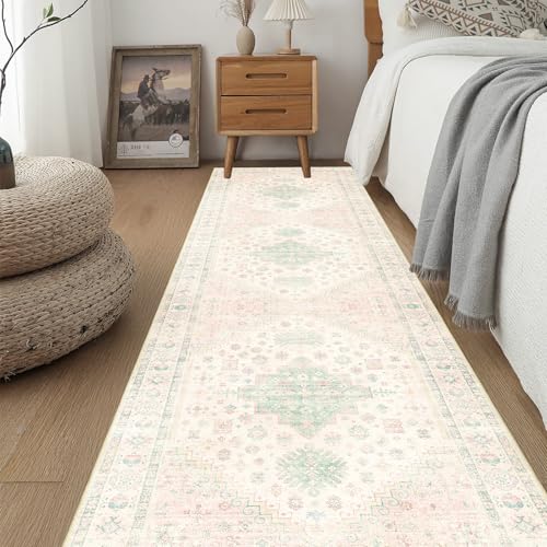 MUJOO Washable Runner Rug 2x8 Area Rugs Low Pile Non Slip Pink and Green - color: Pink and Green, size: 2' x 8' (Rectangular)