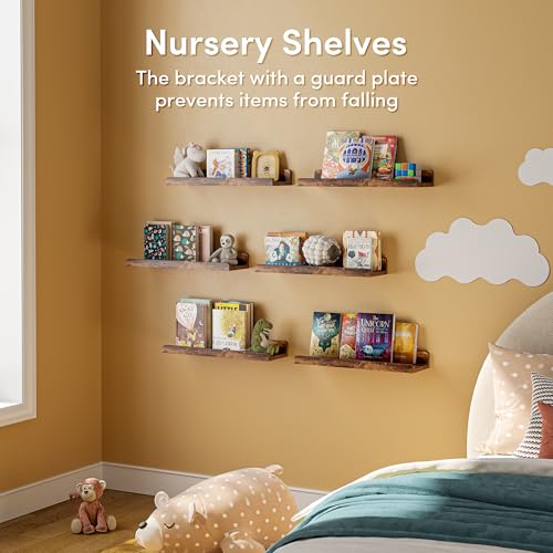 YUFLINX 16’’Rustic Brown Floating Shelves for Wall Set of 6,Rustic Wood Shelf for Room Decor/Storage/Display,Small Bookshelf,Wall Mounted Hanging Shelves for Bedroom, Bathroom, Living Room, Kitchen