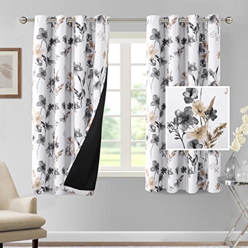 H.VERSAILTEX 100% Blackout Curtains 63 inch Length 2 Panels Set Cattleya Floral Printed Drapes Leah Floral Thermal Curtains for Bedroom with Black Liner Sound Proof Curtains, Grey and Taupe - color: Cattleya - Grey/Taupe, size: 52"W x 63"L (Pack of 2)