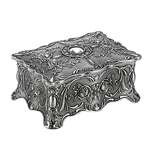 Hipiw Metal Jewelry Organizer Vintage Trinket Box for Women, 4.9"x3.4"x2.7" - color: Metallic Grey, size: Medium