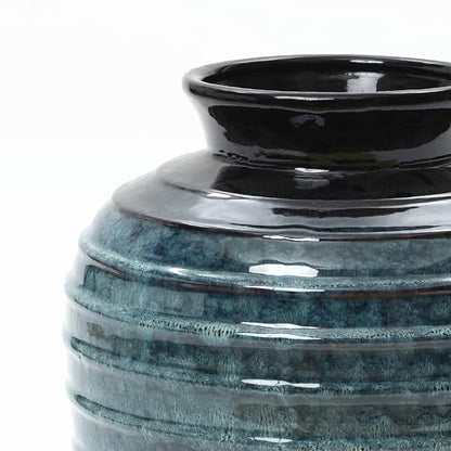 LuxenHome 16'' Rippled Blue Round Ceramic Vase