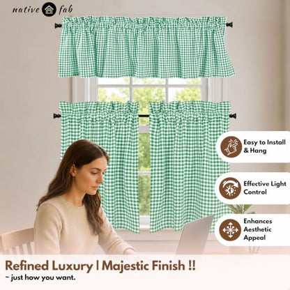 Native Fab Gingham Buffalo Check 3 Piece Window Curtain Tiers 26"x36" and Valance 54"x18" Set - Rod Pocket - Semi Sheer - Short Curtain for Kitchen, Cafe, Living Room - Lemon Green White - color: Lemon Green