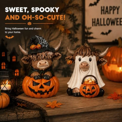 Karenhi 2 Pcs Halloween Highland Cows Figurines Resin, Pumpkin Decor - style: Ghost