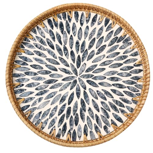 Round Rattan Tray with Mother of Pearl Inlay, Rattan Serving Tray for Coffee, Bread, Fruits, Decorative Wicker Tray for Table Decor, Home Decor, Kitchen Island Decor (Black Leaf, 11.8")