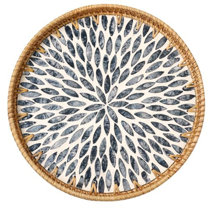 Round Rattan Tray with Mother of Pearl Inlay, Rattan Serving Tray for Coffee, Bread, Fruits, Decorative Wicker Tray for Table Decor, Home Decor, Kitchen Island Decor (Black Leaf, 11.8")