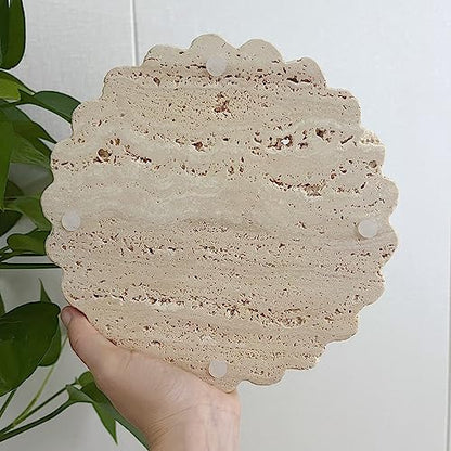 Travertine Marble Tray Round Scalloped Tray Small Serving Platter for Counter, Bathroom, Kitchen, Nightstand, Jewelry Ring Dish Holder (Beige Travertine) - color: Beige Travertine