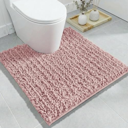 Disolla Toilet Rug 24x24 Inch - Pink U-Shaped Bathroom Floor Mat, Soft Shaggy Plush Absorbent Chenille Contour Rug, Non-Slip Washable Pedestal Base Rug - color: Pink, size: 2' x 2' (24''x24'' Toilet Rug)
