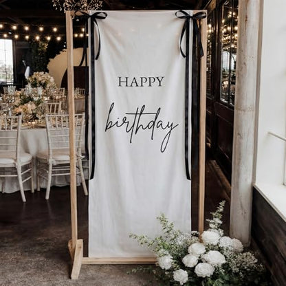Tingjoo 27x78" Happy Birthday Banner White, Black Backdrop Bow Hanging - color: White, Black, style: Happy Birthday