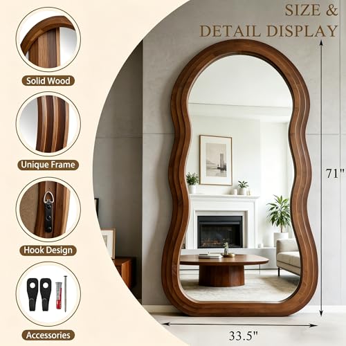 71"x33.5" Wavy Full Length Mirror with 3-Layer Solid Wood Frame - color: Walnut Wavy Frame, size: 71"L x 33.5"W
