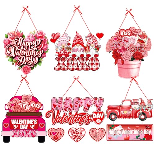 Pink-Red Valentines-Day Front-Porch Door Hanger-Decor - 6pcs Love Romantic Special Night Galentines Party Paper Signs Banners,Engagement Wedding Anniversary Wall Hanging Decorations Lasting Surprise - color: Pink-Red Front Door Hanger-Decor - 6pcs