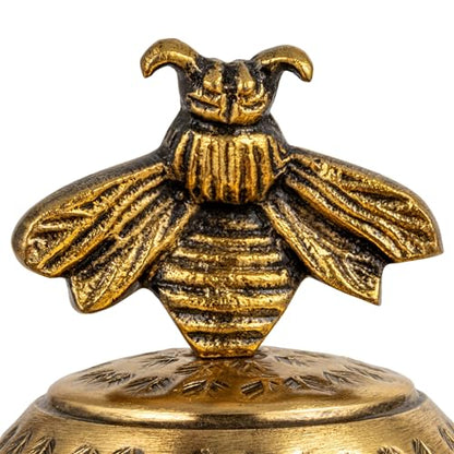 Creative Co-Op Round Hammered Metal Container with Bee Finial, Brass Finish - size: 6 inches (Diameter) x 7 inches (Height), style: Bee
