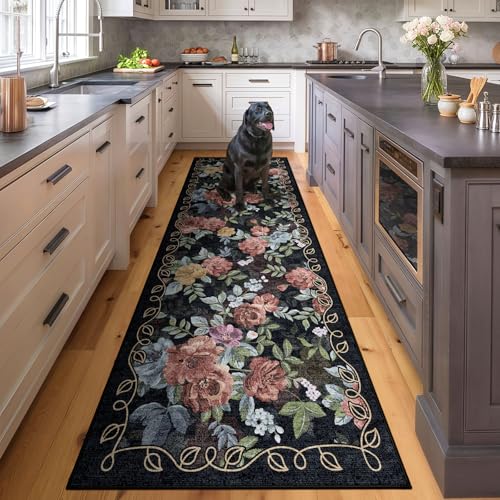 Washable 2.6x8 Runner Rug, Navy Boho Floral Non-Slip for Hallway, Kitchen - color: Dark Navy, Dusty Rose, Mustard and Blue Grey, size: 2'7" x 8' (Rectangular)