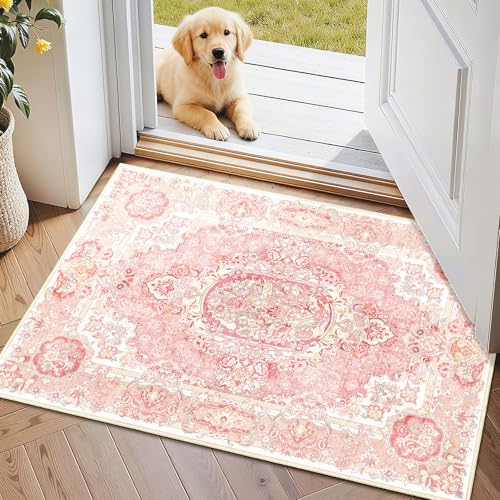 Boho Washable Area Rug 2x3 Small,Vintage Floral Rug for Entryway - color: Boho Blush Pink, size: 2'x3'