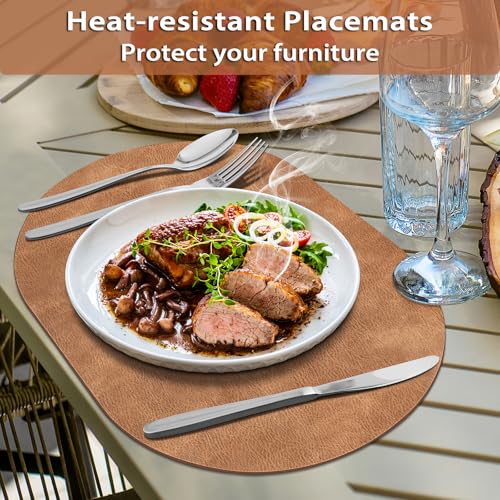 ADRIMER Oval Placemats Set of 6, Wipeable Faux Leather, Sandy Light Brown - color: Sandy Light Brown