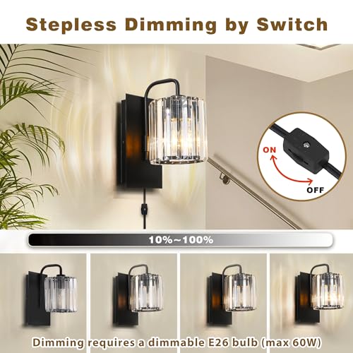 Plug in Crystal Wall Sconces, Black Plug in Sconce with Dimmer Cord - color: Crystal Glass Sttyle with Plug