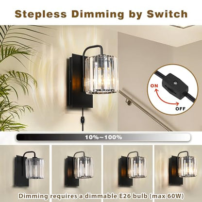 Plug in Crystal Wall Sconces, Black Plug in Sconce with Dimmer Cord - color: Crystal Glass Sttyle with Plug