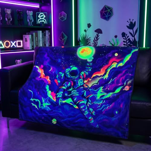 Blacklight Galaxy Space Astronaut Throw Blankets Glow in the Dark Under Black Light Spaceman Dunk Throw UV Reactive Cosmic Blanket Throw for Bedroom Dorm Decor 59”x51” - color: Astronaut Play Ball