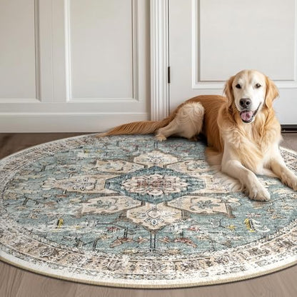 BESTSWEETIE Washable Boho Round 8ft Area Rug for Living Room, Green Brick - color: Green/Brick/Rust Red, size: 8' (Round)