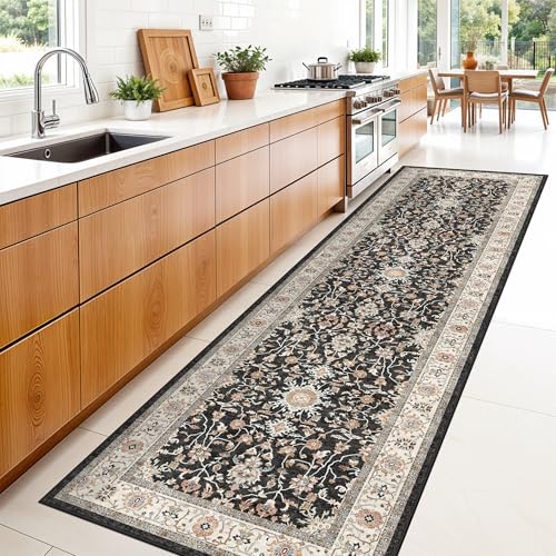 3x10 ft Long Hallway Runner Rug: Washable Non-Slip Kitchen Rug Soft Low Pile Thin Carpet for Bedroom Entry Durable Vintage Stain Resistant Floor Mat for High Traffic Area Home Decor (Black, 3x10) - color: Black, size: 3' x 10' (Rectangular)