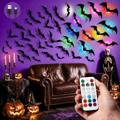 LUDILO 48P Bats Halloween Decorations + 12P Rechargeable Lights with Remote - color: Black, Black