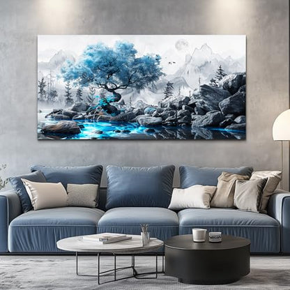 Canvas Wall Art for Living Room Black And White Landscape Tree 24x48 Inches - color: Blue Tree, size: 48"L x 24"W