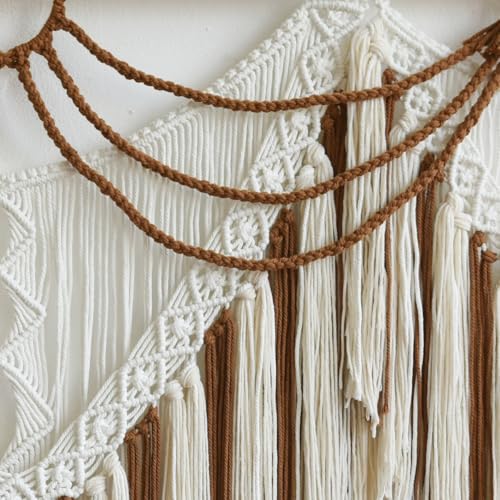 Macrame Wall Hanging Handwoven Geometric Tapestry Woven Decor 47" W*35" L - color: Brown and White