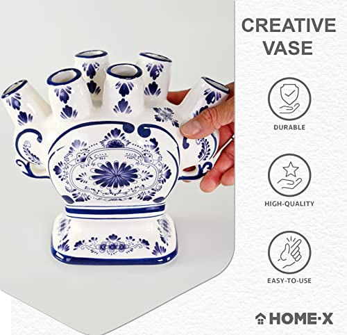 Home-X Ceramic Flower Vase – 6-Port Bud Ivory Vase – Unique Decorative Flower vase for Living Room, Bedroom, Kitchen, or Office (White & Blue)