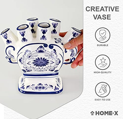 Home-X Ceramic Flower Vase – 6-Port Bud Ivory Vase – Unique Decorative Flower vase for Living Room, Bedroom, Kitchen, or Office (White & Blue)