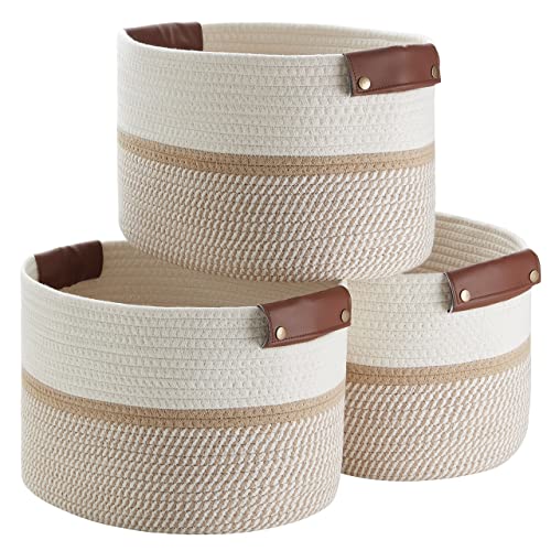 3 Pack Woven Cotton Rope Storage Basket, 15x10x9, White/Brown - color: White/Brown