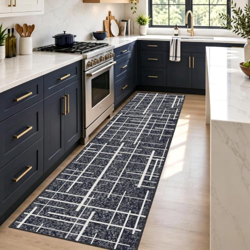 Modern Stripe Hallway Runner Rug Non Slip, Washable 2x10 Runner Rug, Woven Thin Low Pile Carpet Runners for Hallway 10ft Entryway, Kitchen, Walkway -Midnight Black - color: Striped-black/White, size: 2' x 10' (Runner)