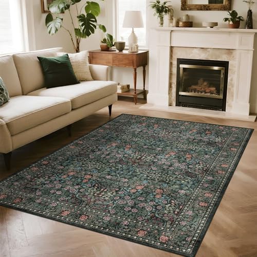 Floral 4x6 Entryway Rug, Black Green Washable Boho Bedroom Area Rug - color: Black / Multi, size: 4' x 6' (Rectangular)