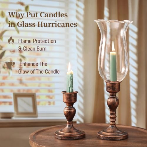 Volens Set of 2 Hurricane Glass Candle Holders with Iron Base & Glass Dome - color: Bronze