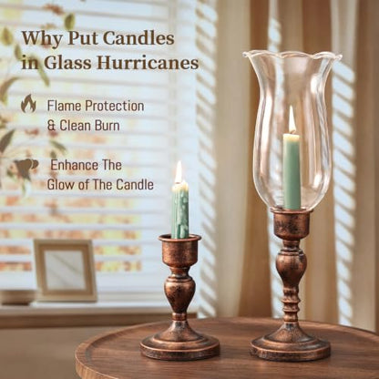 Volens Set of 2 Hurricane Glass Candle Holders with Iron Base & Glass Dome - color: Bronze
