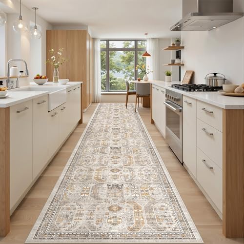 befbee 2'6"x16' Runner Rug for Hallway Washable Non Slip Kitchen Rug - color: Brown/Gold, size: 2'6" x 16' (Runner)
