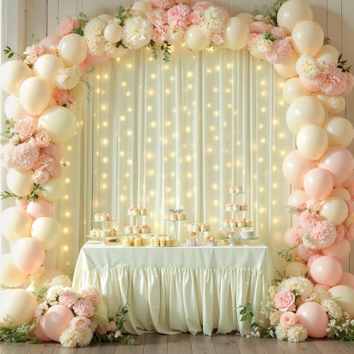 10 x 10ft Beige Backdrop Curtains with Lights String for Party - color: Beige, size: W5' x H10'(2 panels)