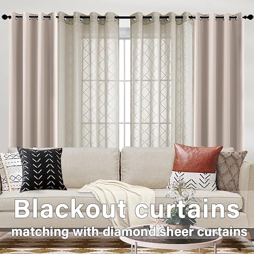 KOUFALL Faux Linen Textured Sheer Curtains 63 Inch Length for Living Room Bedroom Moroccan Check Brown Diamond Lattice Embroidered Grommet Voile Panel Drapes 2 Panels - color: Brown, size: 52"W x 63"L (Pack of 2)