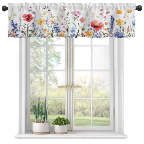 Valances Curtains for Windows,Watercolor Colorful Wildflowers Semi Sheer Curtain Valances, Rod Pocket Short Window Treatment Light Filtering Decor Valances for Kitchen Bedroom - 42"x12" - color: Watercolor Colorful Wildflowers, size: 12"W x 42"L (Pack of