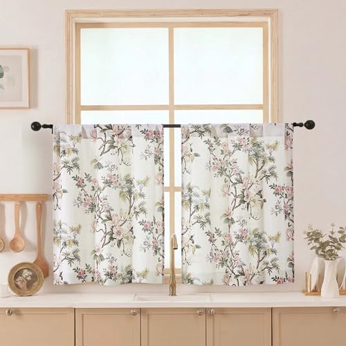 Aiyufeng Natural Tiers Curtains for Kitchen 30 Inches Long 2 Panels Set, Light Filtering Rod Pocket Cafe Curtains Short Floral Drapes for Bathroom Bedroom Half Window, 30" W x 30" L - color: Natural, size: 30"W x 30"L (Pack of 2)