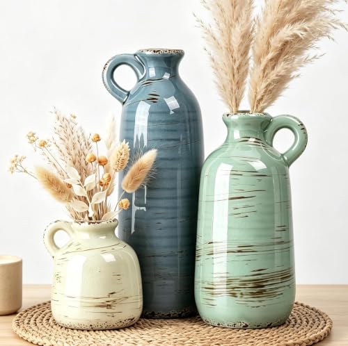 Ceramic Vase Set of 3, Vase Home Decor with Handle, Waterproof Vases - color: 3pcs-multicolor With Handle