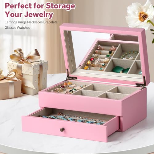 Meangood Jewelry Box Organizer for Women, 2 Layer Large Jewelry Storage Case, Rustic Wooden Jewelry Box with Mirror & Ring Tray for Necklace Earring Bracelets Rings, Vintage Style (Pink) - color: Pink, size: 1-Drawer