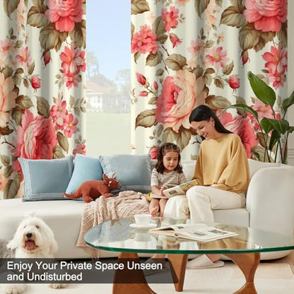 Pink Rose Blackout Curtains for Girls Room and Nursery, Floral Living Room Darkening Curtains 84 Inch Long 2 Panels Set, Spring and Summer Soundproof Thermal Insulated Bedroom Curtains with Tiebacks - color: Pink Peonies