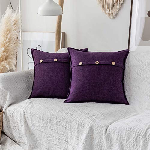 Home Brilliant Farmhouse Pillow Covers 18x18 Burlap Decorative Pillow Covers Rustic Triple Buttons Lined Linen Pillow Cover for Living Room, Set of 2, 18x18 inches, Purple - color: Purple, size: 18" x 18" (Pack of 2)