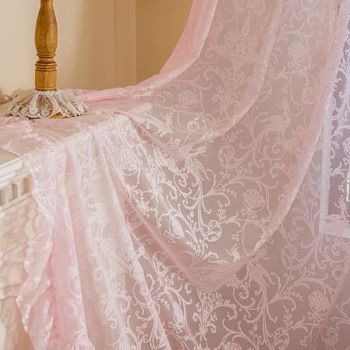 TUDECO Pink Lace Curtains 63 Inch Length, Romantic Ruffle Edges, 2 Panels - color: Pink, size: 59"W x 63"L (Pack of 2)
