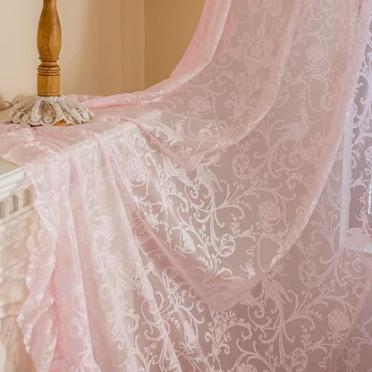 TUDECO Pink Lace Curtains 63 Inch Length, Romantic Ruffle Edges, 2 Panels - color: Pink, size: 59"W x 63"L (Pack of 2)