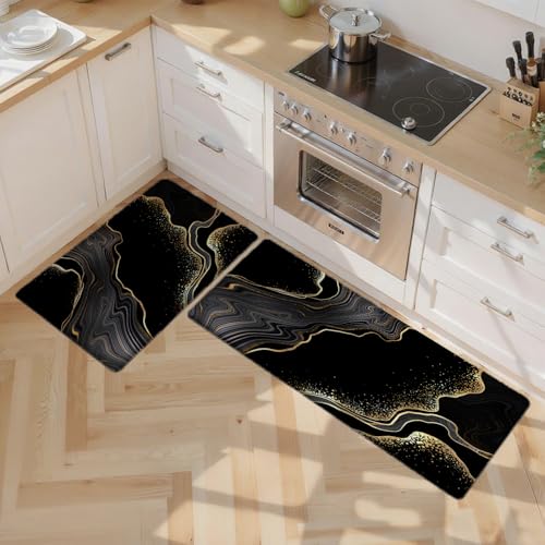 Kitchen Mats Set of 2, Cushioned Anti Fatigue Non Slip Waterproof Runner, Black and Gold Marble Design, PVC Memory Foam, 17.3"x47" and 17.3"x29" Rectangle Rugs for Kitchen Sink and Laundry - color: Black Marble 4