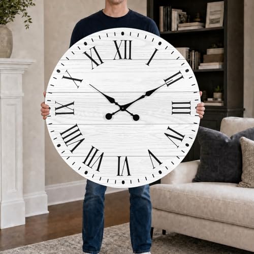 Large Wall Clock with Roman Numeral, 35.5” Shiplap Farmhouse Hanging Clock - color: White, size: 35.5 Inch