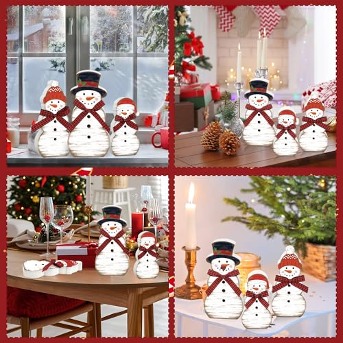 3 Pcs Christmas Snowman Wooden Table Decorations Winter Snowman Tabletop Centerpiece Wood Block Sign Rustic Farmhouse Xmas Tiered Tray Decor for Christmas Winter Holiday Home Office Shelf Party Decor