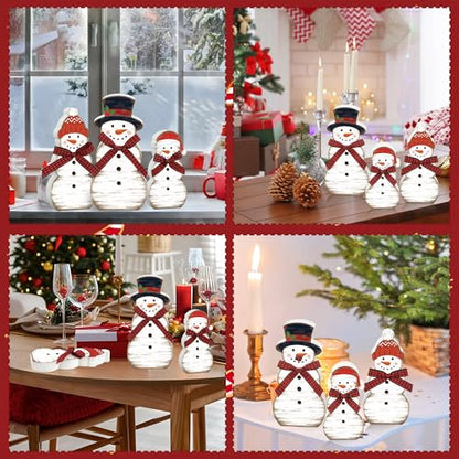 3 Pcs Christmas Snowman Wooden Table Decorations Winter Snowman Tabletop Centerpiece Wood Block Sign Rustic Farmhouse Xmas Tiered Tray Decor for Christmas Winter Holiday Home Office Shelf Party Decor
