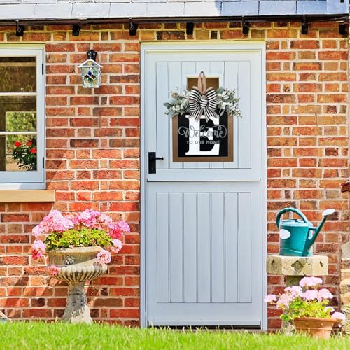 Last Name All Year Round Front Door Wreath with 26 Initial Letter Welcome Sign All Seasons Eucalyptus Garland and Bow ，Farmhouse, Porch, for Spring Summer Fall All Seasons Holiday Halloween Christmas.（E） - color: E